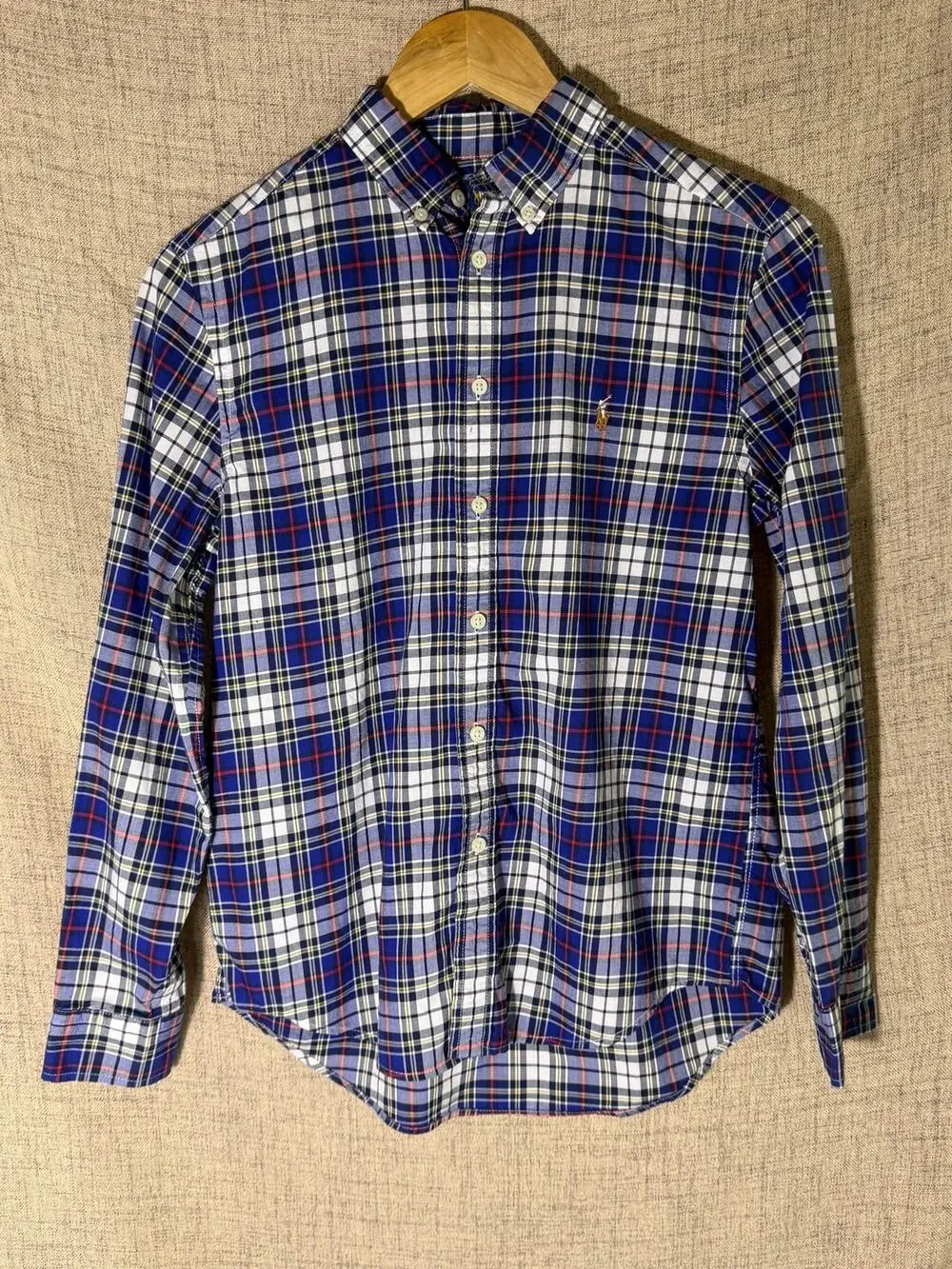Ralph Lauren Boys L 14-16 Blue Plaid Button-Down Shirt Natural Stretch Cotton